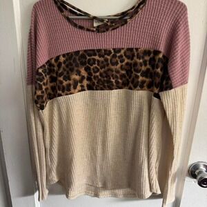 Lovely Melody Color Block Leopard Print Waffle Knit Long Sleeve Top